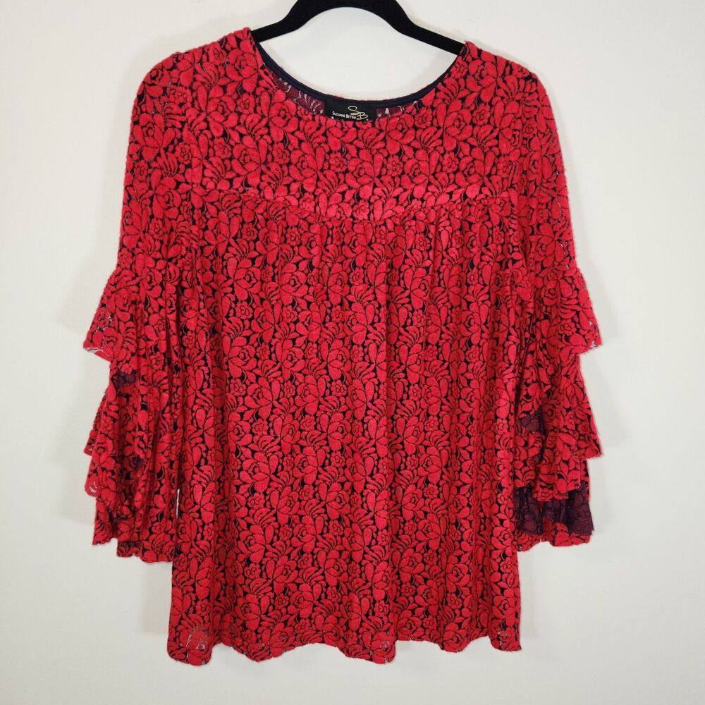 Red Black Velvet Burnout Ruffle Flutter Bell Sleeve MEDIUM